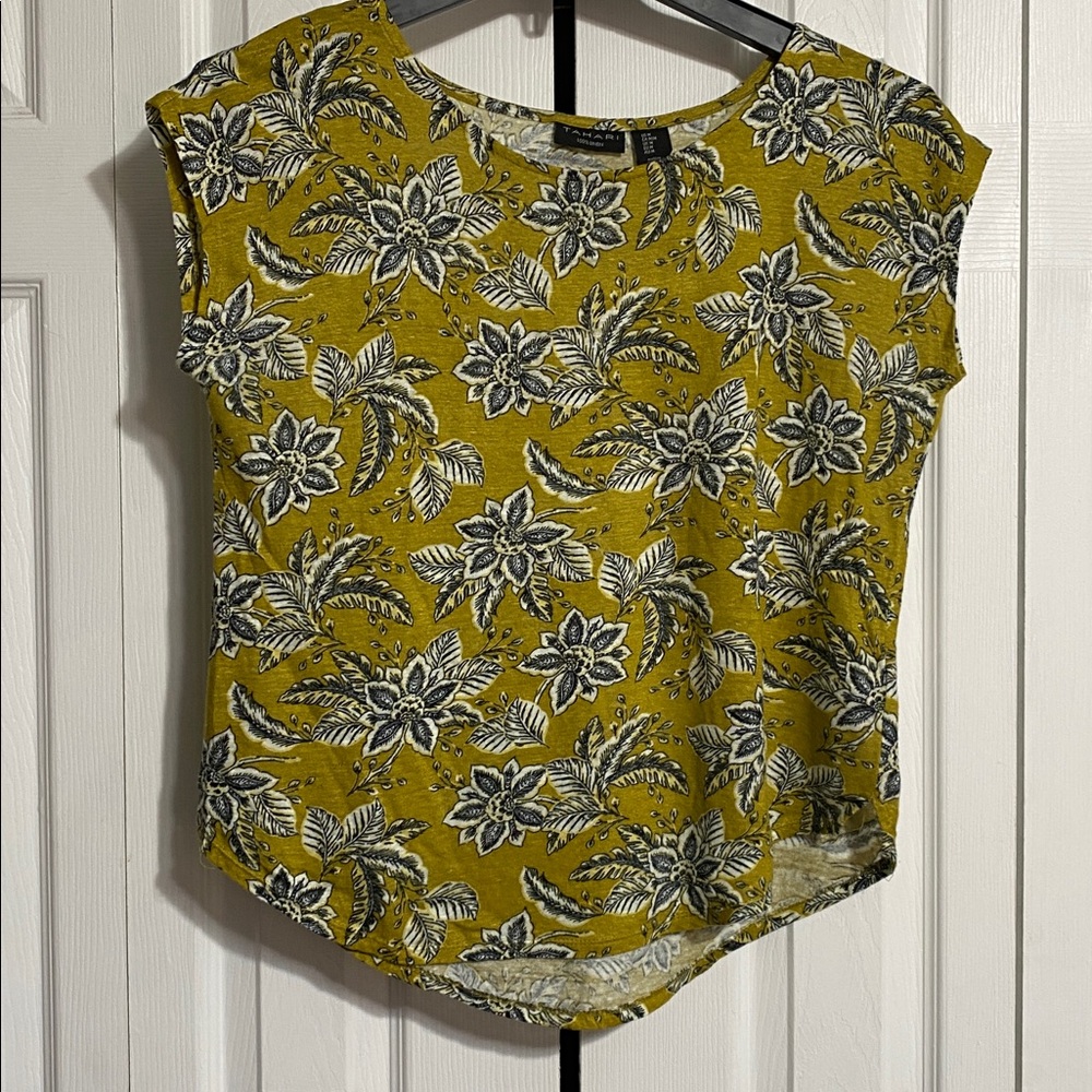 Tahari Linen Boho Floral Mustard & black lightweight top blouse shirt MEDIUM